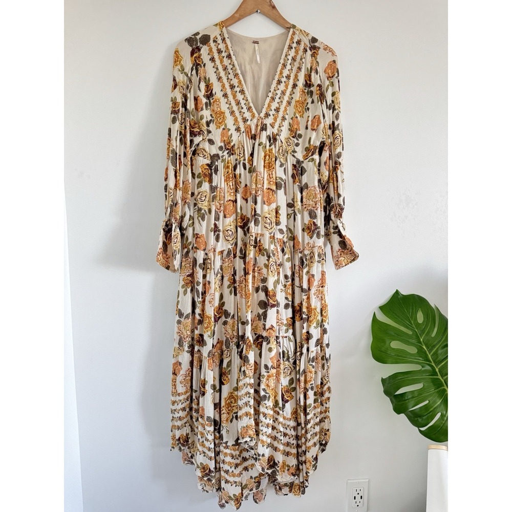 Free People Dress Rows of Roses Long Sleeve Boho Maxi Dress Women's Oversized